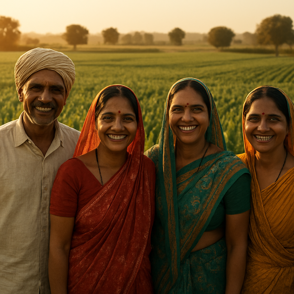 Happy Indian farmers, including women, standing together in a green field at golden hour